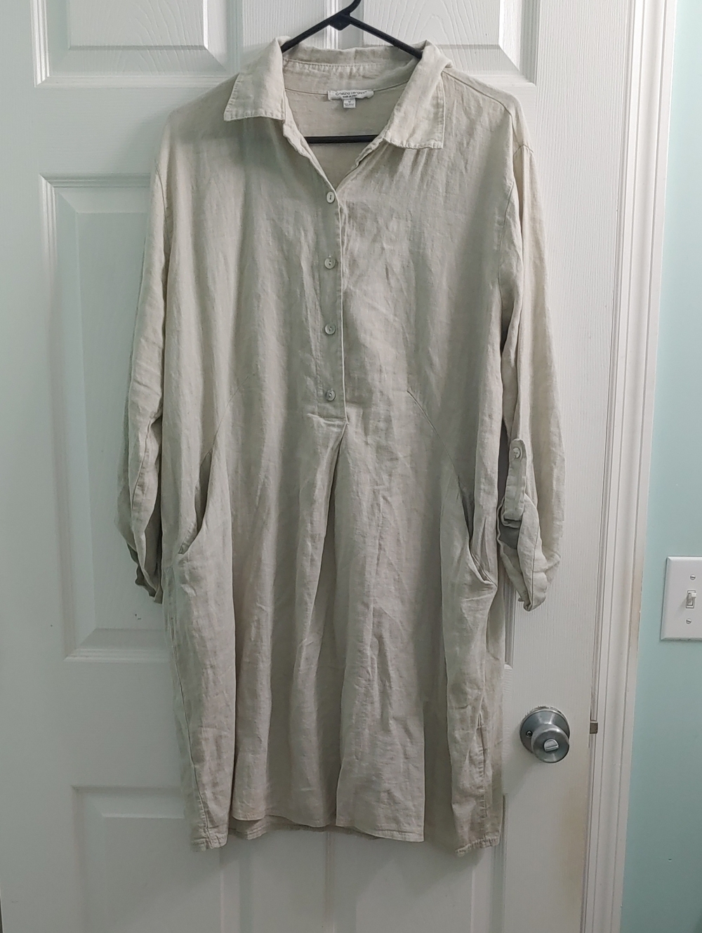Cristina Vergani Dress Women's M Italian Linen Natural Long Sleeve Collared